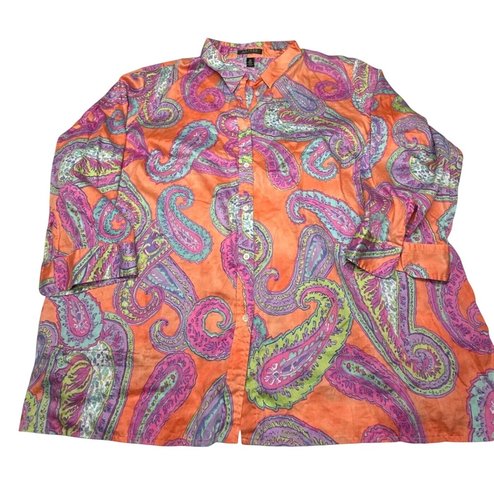 Lauren Ralph Lauren 3X Orange Paisley Cotton Button Down Shirt Blouse